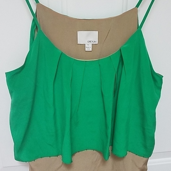 Anthropoogie Flowy Top Silk Spaghetti Straps Olive Green Tan Shift Tiered Dress - Picture 3 of 8